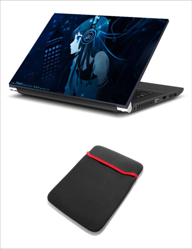 Geek Kitsuki Anime Girl Headphone 2in1 LAPTOP SKIN WITH LAPTOP SLEEVE 15.6 INCH Combo Set(Multicolor)