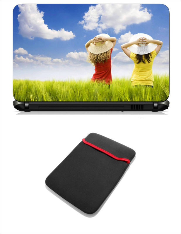 Geek Two girl Holding Head Waching Upward 2in1 LAPTOP SKIN WITH LAPTOP SLEEVE 15.6 INCH Combo Set(Multicolor)