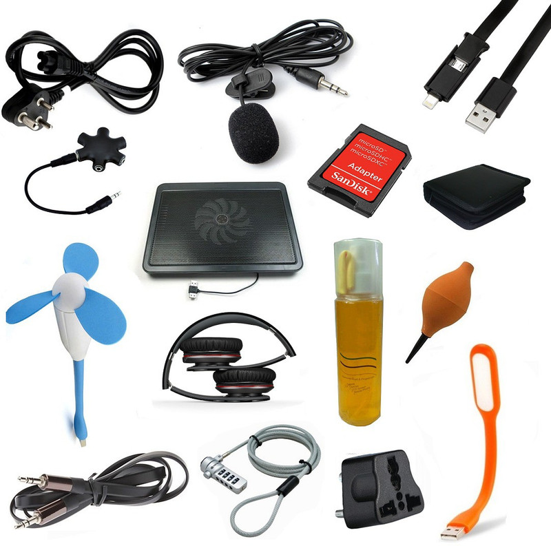 De-TechInn Set of 15 In 1 USB Powered Cooling Pad, Fan, Light, Power Cable and more Laptop Accessories Combo Set(Multicolor)
