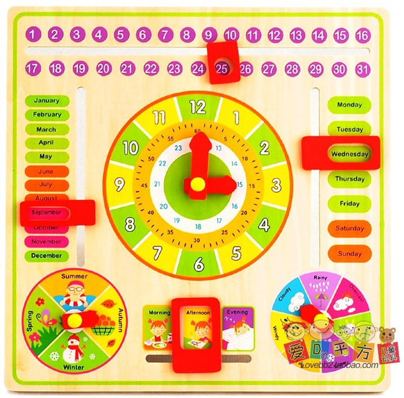 Allin1 Children Kids Wall Mounted Illustrated Wooden Calendar + Clock + Weather + Seasons Educational Board with Movable Hands Slider and Arrows(Multicolor)