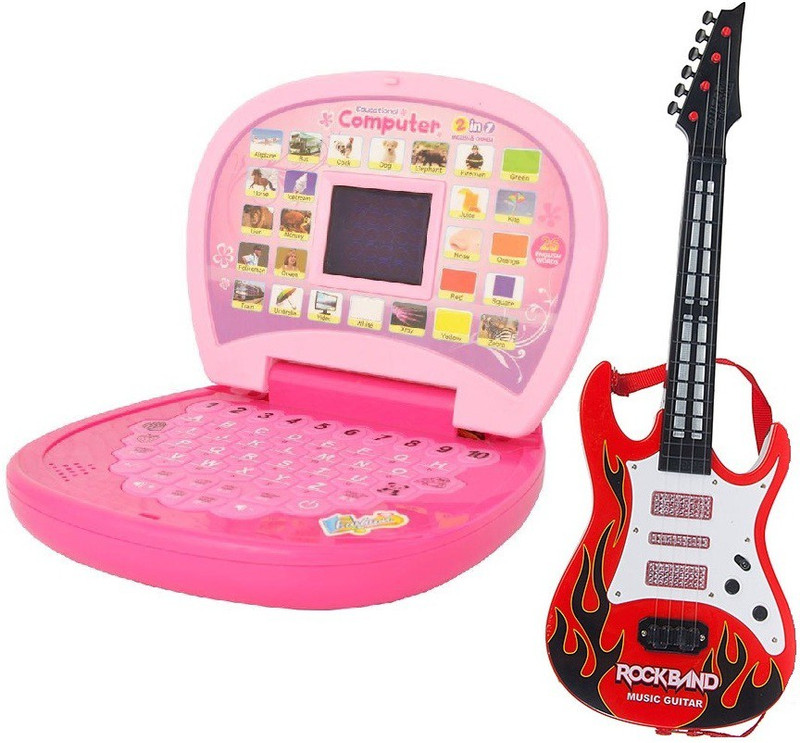 New Pinch combo of Kids mini English Laptop with small screen & guitar with light & music(large)(Multicolor)