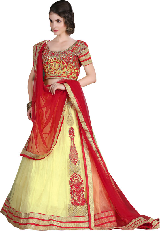 Manthan Embroidered Semi Stitched Lehenga, Choli and Dupatta Set(Beige)