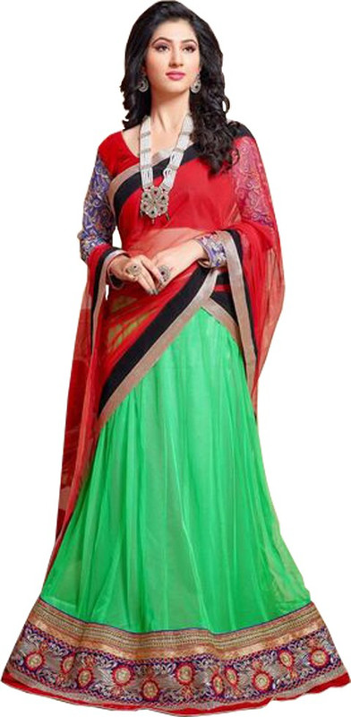 Fashionatics Embroidered Semi Stitched Lehenga, Choli and Dupatta Set(Green)