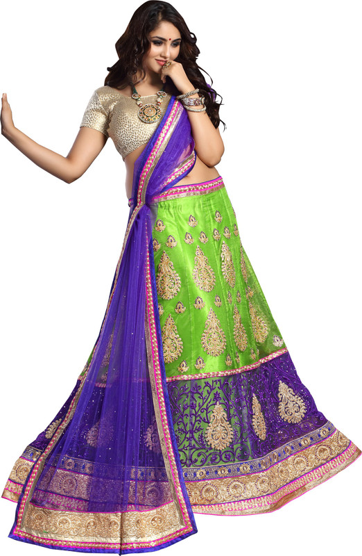 Parisha Embroidered Stitched Lehenga, Choli and Dupatta Set(Purple, Green)
