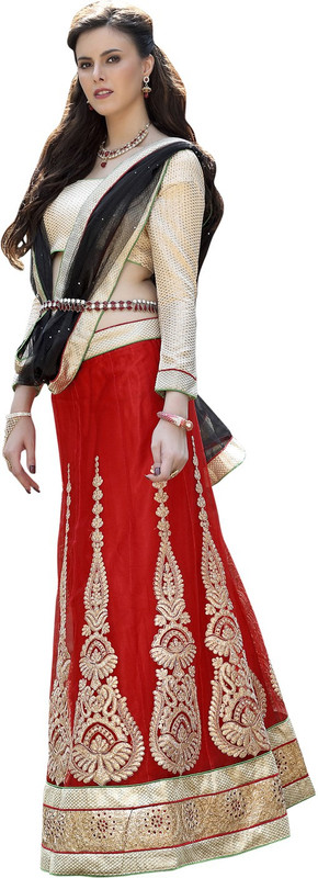 Manthan Embroidered Semi Stitched Lehenga, Choli and Dupatta Set(Red)