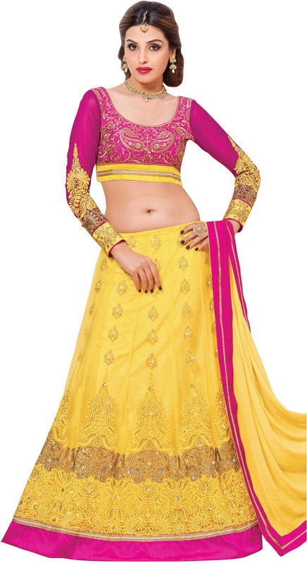 Parisha Self Design, Embroidered Semi Stitched Lehenga, Choli and Dupatta Set(Yellow)