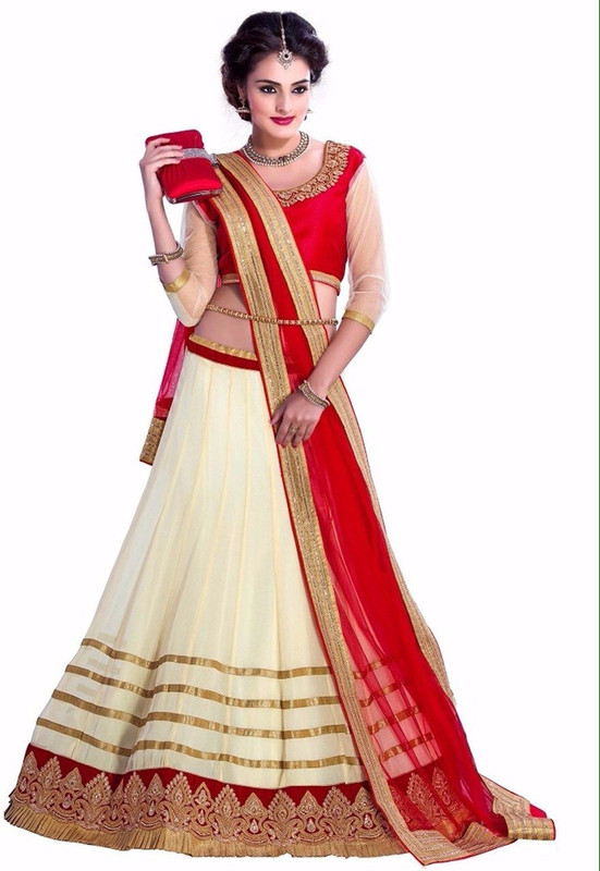 asyour Embroidered Semi Stitched Lehenga, Choli and Dupatta Set(Red)