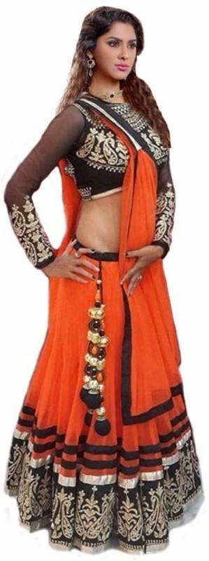 3G9 Shop Self Design Semi Stitched Lehenga, Choli and Dupatta Set(Orange)