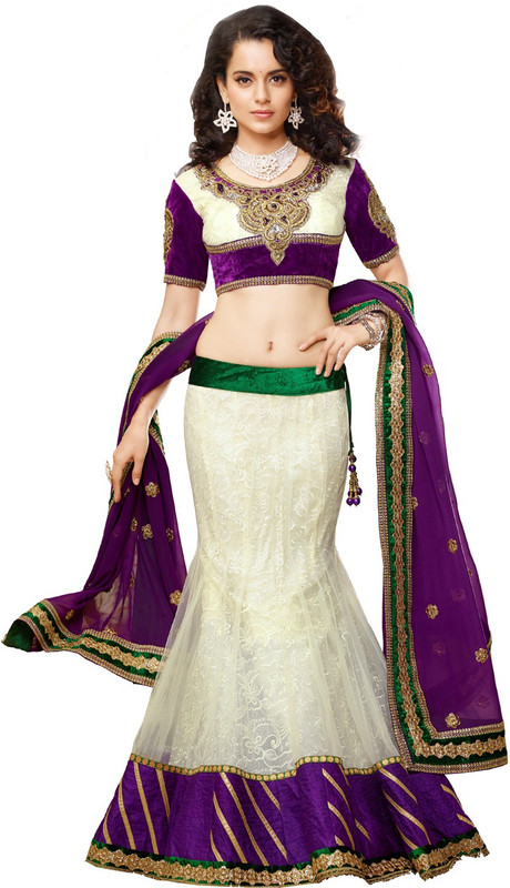 Manthan Embroidered Semi Stitched Lehenga, Choli and Dupatta Set(Purple, White)