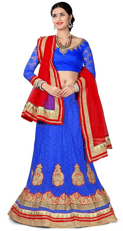 Manvaa Embroidered Semi Stitched Lehenga, Choli and Dupatta Set(Blue)