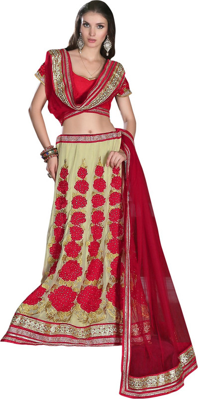 Manthan Embroidered Semi Stitched Lehenga, Choli and Dupatta Set(Red, Beige)