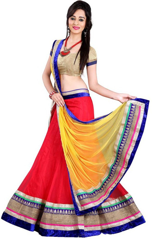 DarkFashion Self Design Semi Stitched Lehenga, Choli and Dupatta Set(Red, Yellow)