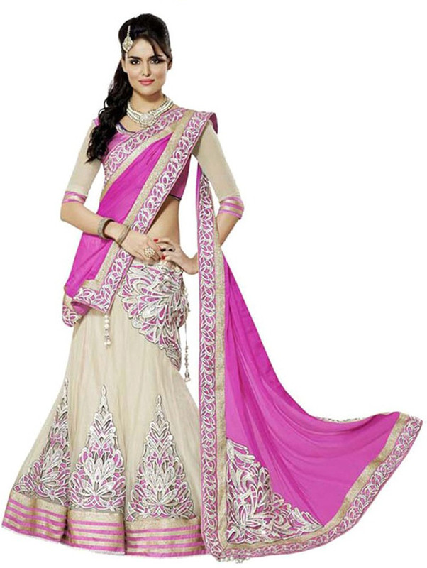 Araja Embroidered Semi Stitched Lehenga, Choli and Dupatta Set(Pink, Beige)