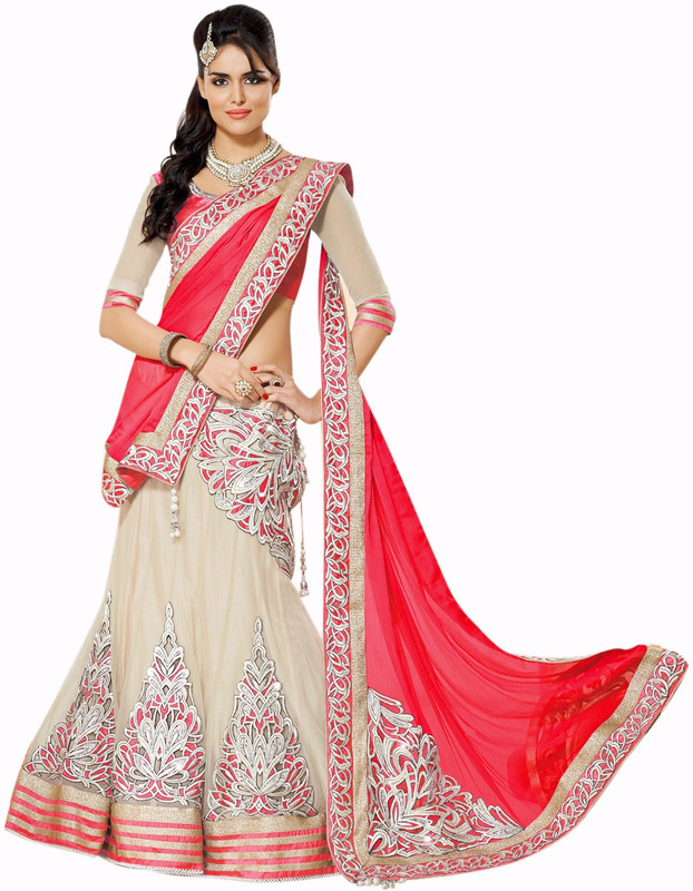 Ecoco Self Design Semi Stitched Lehenga, Choli and Dupatta Set(Red, Beige)