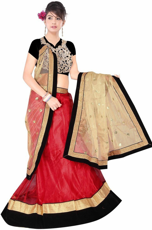 Dancing Girl Embroidered Semi Stitched Lehenga, Choli and Dupatta Set(Red)