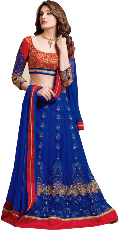 Parisha Self Design, Embroidered Semi Stitched Lehenga, Choli and Dupatta Set(Blue)