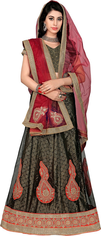 Manthan Embroidered Semi Stitched Lehenga, Choli and Dupatta Set(Black, Yellow)