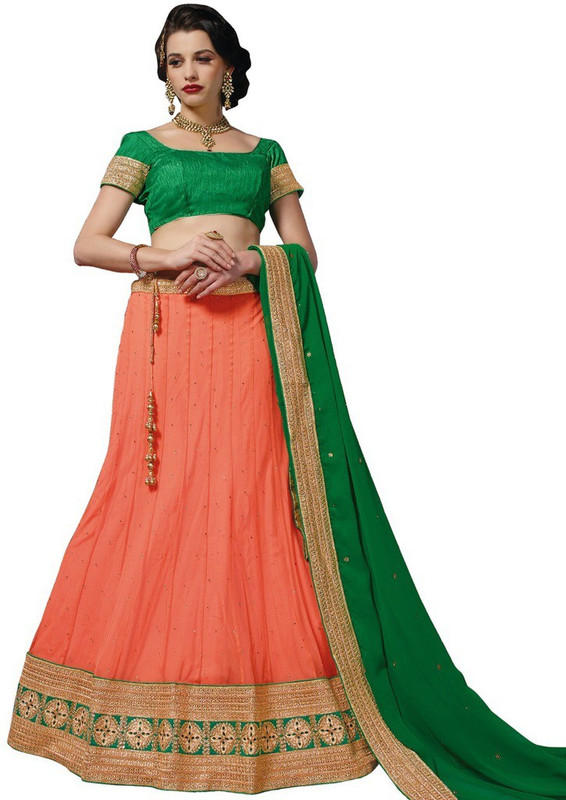 Desi Butik Embroidered Semi Stitched Lehenga, Choli and Dupatta Set(Orange)