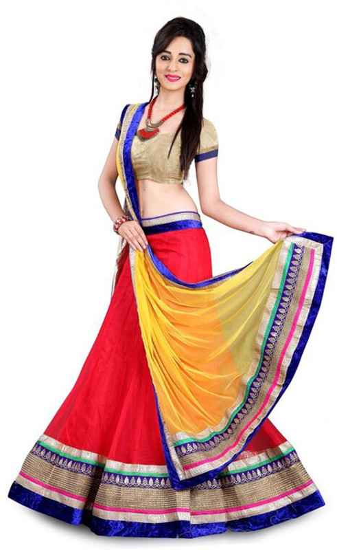 Ganes Embroidered Semi Stitched Lehenga, Choli and Dupatta Set(Red)
