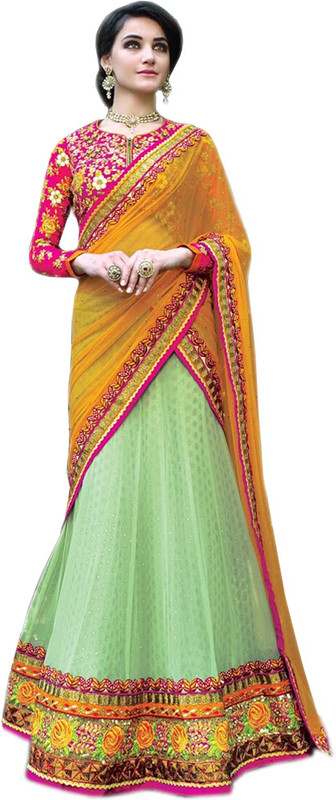 V And V Shop Embroidered Semi Stitched Ghagra, Choli, Dupatta Set(Green)