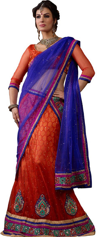 Desi Butik Self Design, Embellished Semi Stitched Lehenga, Choli and Dupatta Set(Orange)