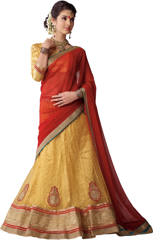 Manthan Embroidered Semi Stitched Lehenga, Choli and Dupatta Set(Brown)