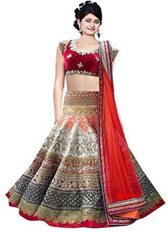 Wing Deals Embroidered Semi Stitched Lehenga, Choli and Dupatta Set(Red)