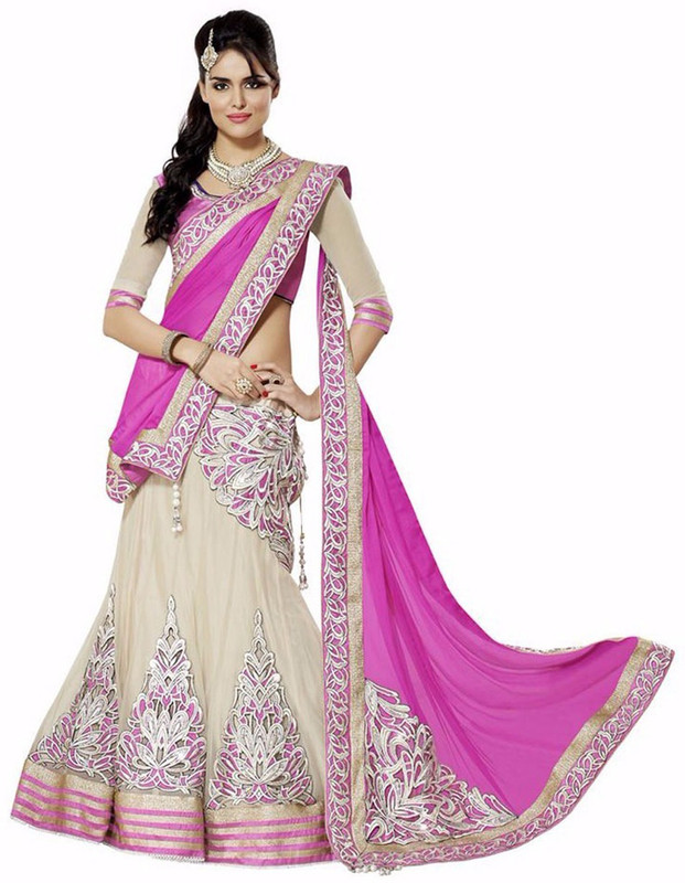 Dancing Girl Embroidered Semi Stitched Lehenga, Choli and Dupatta Set(White)