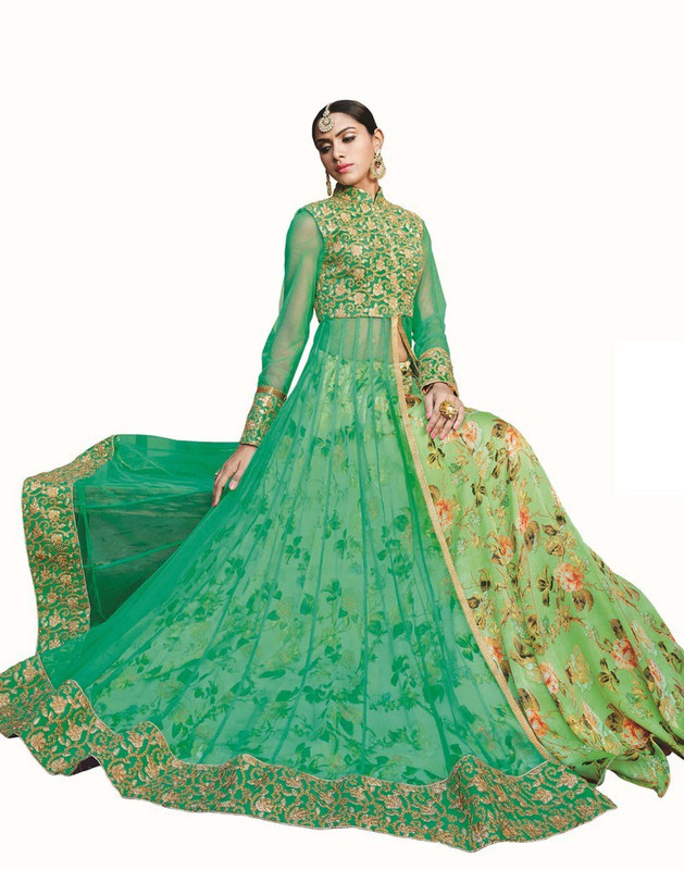 Desi Butik Embroidered Semi Stitched Lehenga Choli(Green)