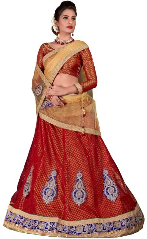 Parisha Embroidered Stitched Lehenga, Choli and Dupatta Set(Red)