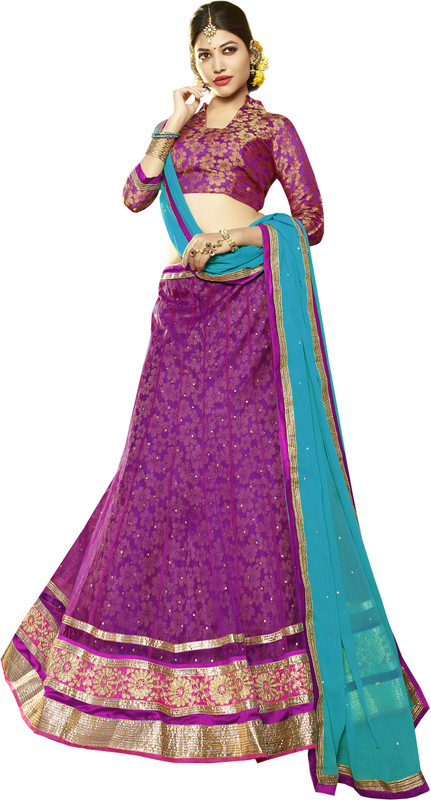 Kanheyas Embroidered Semi Stitched Lehenga, Choli and Dupatta Set(Purple)