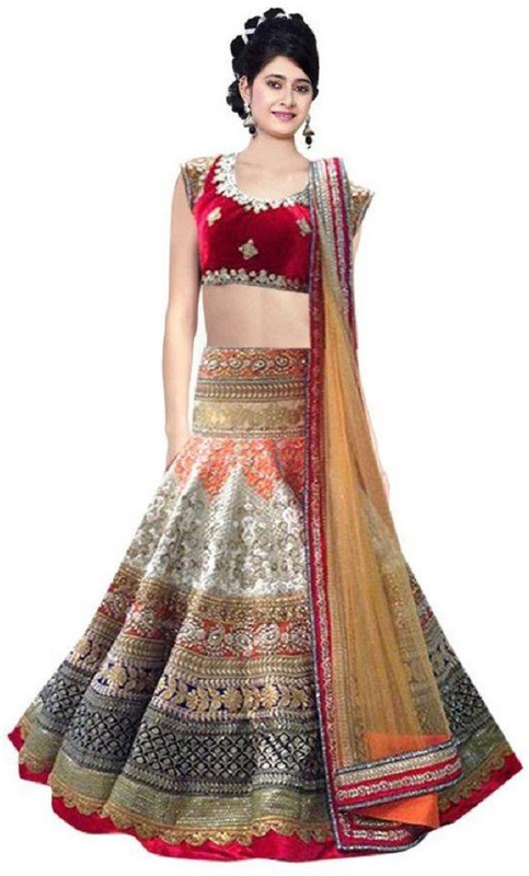 BD SALWARS Embroidered Semi Stitched Lehenga, Choli and Dupatta Set(Beige)