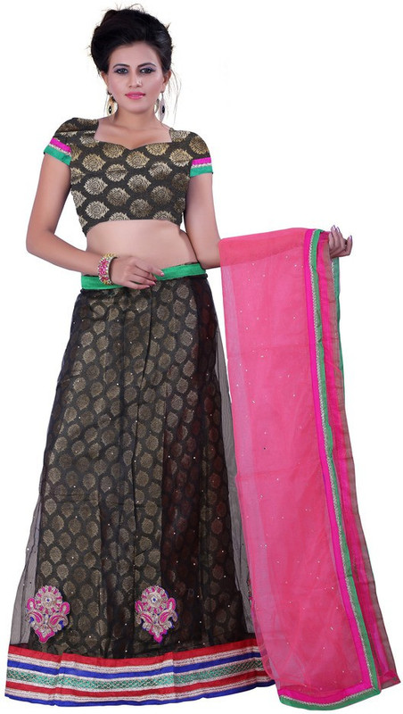 Sonika Embroidered Semi Stitched Lehenga, Choli and Dupatta Set(Black)