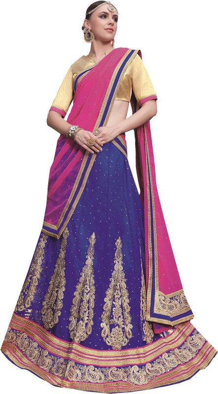 Ishin Embellished Semi Stitched Lehenga, Choli and Dupatta Set(Blue)