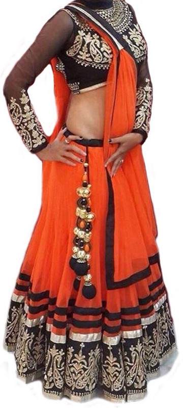 FreyaCreation Embroidered Semi Stitched Lehenga, Choli and Dupatta Set(Orange)