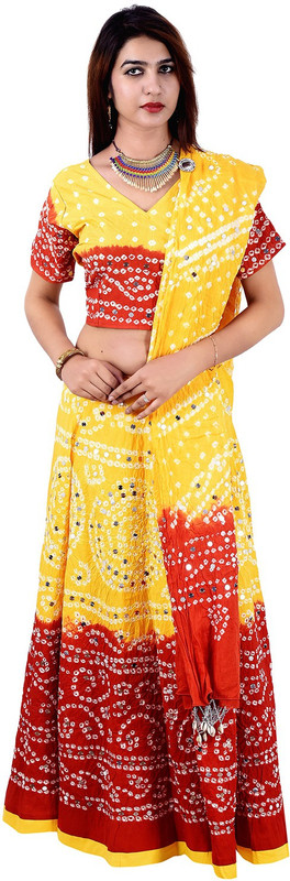 Halowishes Printed Semi Stitched Lehenga Choli(Red, Yellow)