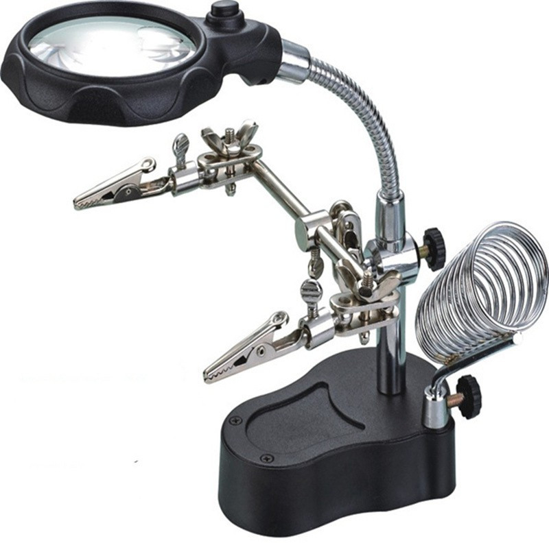 sukot Lens Desk Desktop Table Magnifier Lamp Loupe Solder Repairing Tool Iron Stand 3.5X 12X Magnification Glass Adjustable Helping Hand Clip LED Light Magnifying Glass(Black)