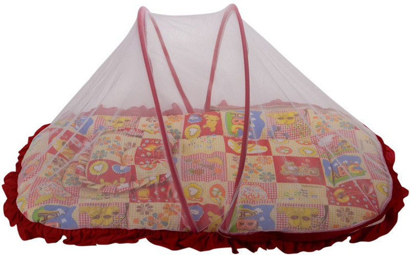 MeeMee Printed Mattress Set With Mosquito Net & Pillow(Red)