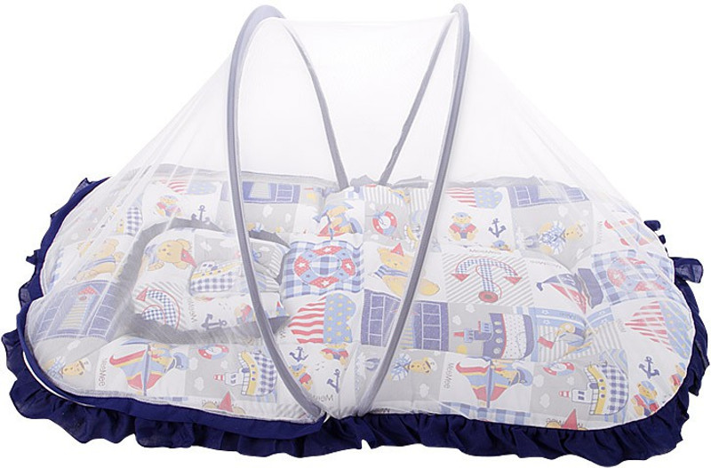 MeeMee Printed Mattress Set With Mosquito Net & Pillow(Dark Blue)