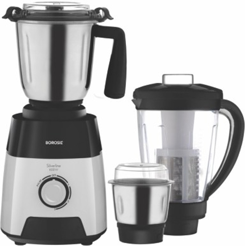Borosil W15 Silverline 600 W Mixer Grinder(Black and White, 3 Jars)