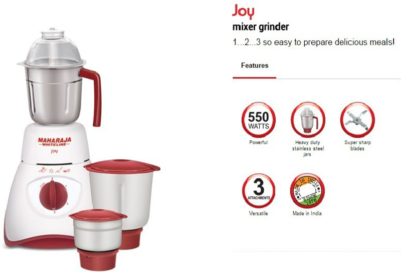 Maharaja Whiteline Joy Happiness MX 130 550 W Mixer Grinder(Red, White, 3 Jars)