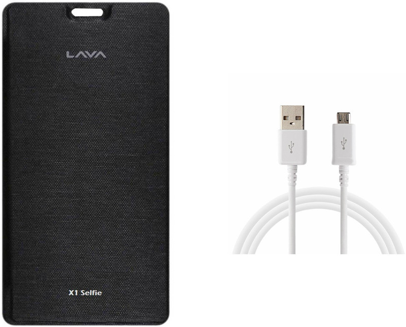 ASG ASG Premium Book Cover for Lava Iris X1 Selfie with Data Cable (White) Accessory Combo(Black)