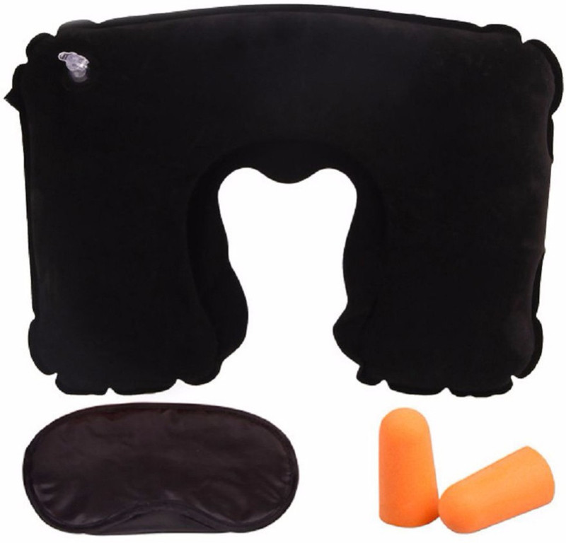 ShoppingKiSite [Travel Must-have] 3 in 1 Handy Travel Kit, Inflatable Neck Pillow for Sleeping & Rest + Comfortable Eye Mask + Soft Noise-Blocking Earplugs, Great for Long Journey on Plane, Train Neck Pillow & Eye Shade(Black)