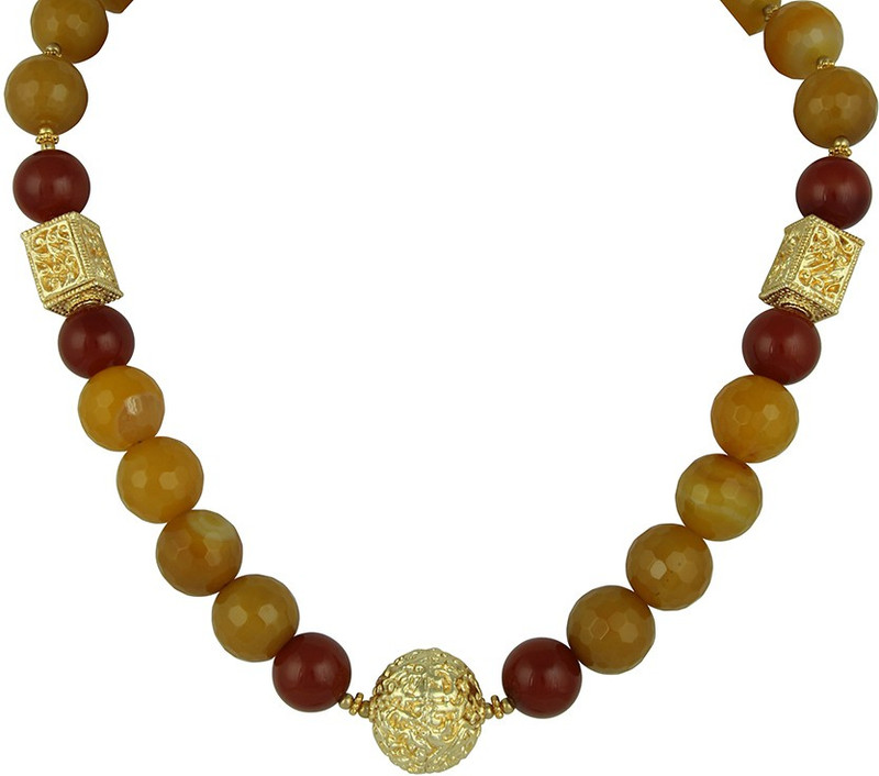 Pearlz Ocean Dyed Yellow and Red Agate Brass Necklace