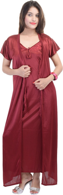 JABAMA Women Nighty with Robe(Maroon)