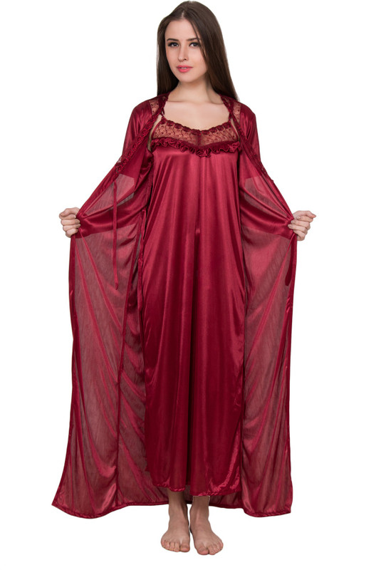 Kanika Women Nighty with Robe(Maroon)