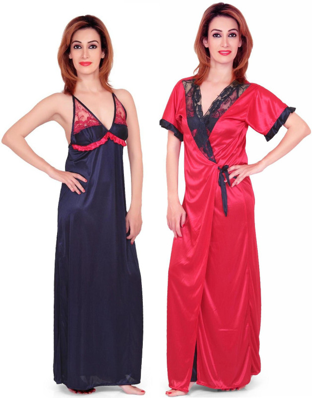 Fabme Women Nighty with Robe(Blue, Pink)
