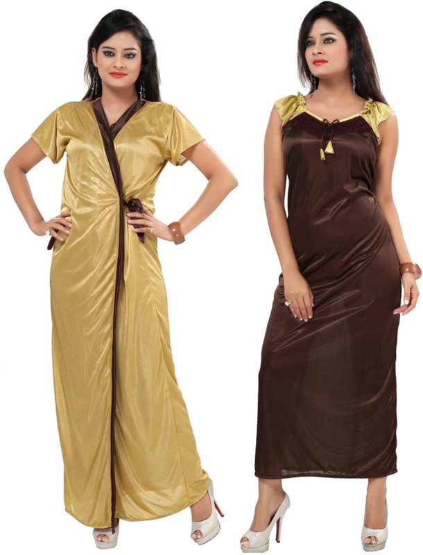 Fabme Women Nighty with Robe(Brown, Yellow)