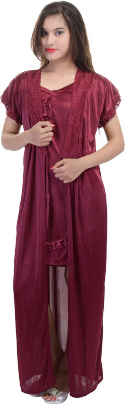Soundarya Women Nighty with Robe(Maroon)
