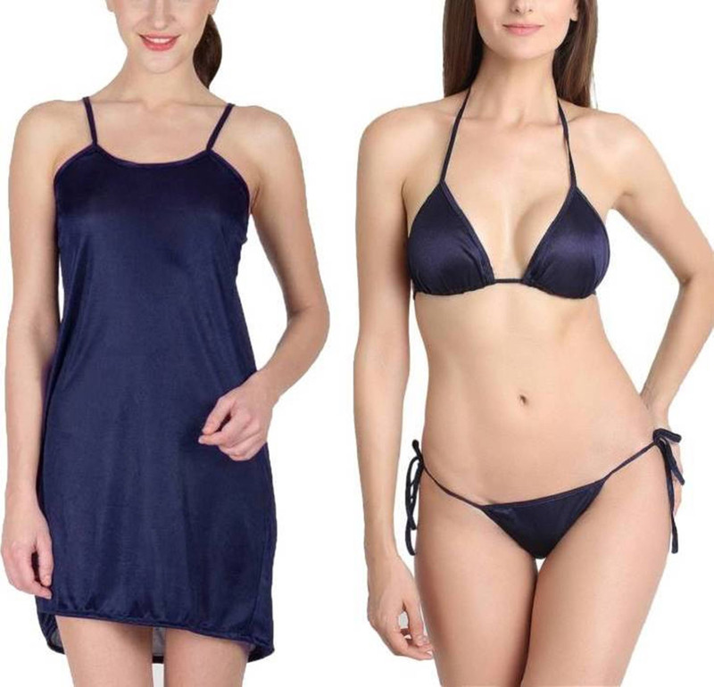 Fabme Women Nighty with Robe(Dark Blue)